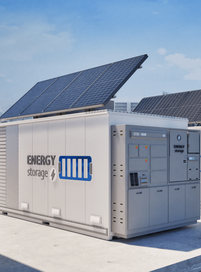 Energy storage unit with solar panels on top under a clear sky.